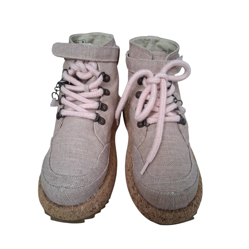 GAIA ESQ Eco Pink Hikers Canvas Adventure Boots Womens 7M Cork‎ Chunky Platform